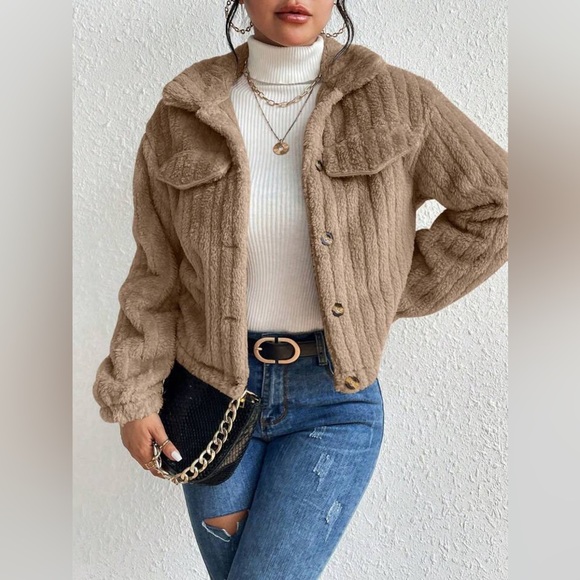 SHEIN Tan Teddy Jacket with Collared Neckline - Picture 2 of 6